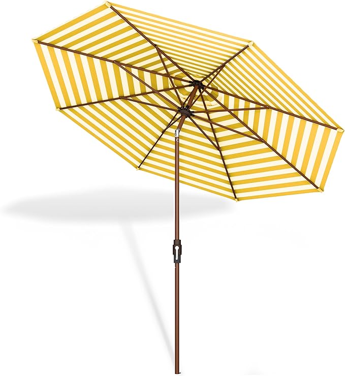 Midtown Umbrellas Wooden 2-8 Feet Outdoor Patio Umbrella, Terylast White & Yellow Stripes Fabric, Aluminum Frame For Backyard Umbrella, Deck Umbrella, Garden Umbrella & Pool Umbrella - Wooden Pole