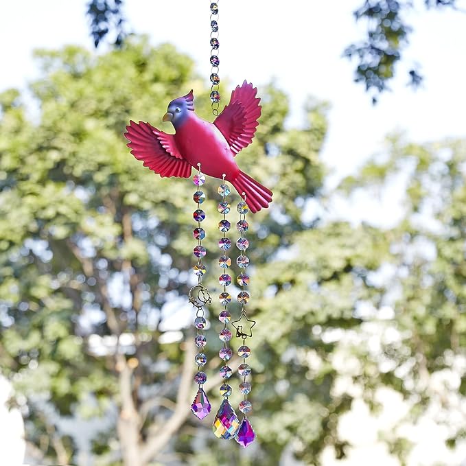 Red Cardinal Crystal Sun Catcher-Stained Glass Window Hanging Ornament with Rainbow Prism, Memorial Gift for Women, Handmade Bird Decor for Home Garden, Christmas Valentine Gift for mom(Red B)