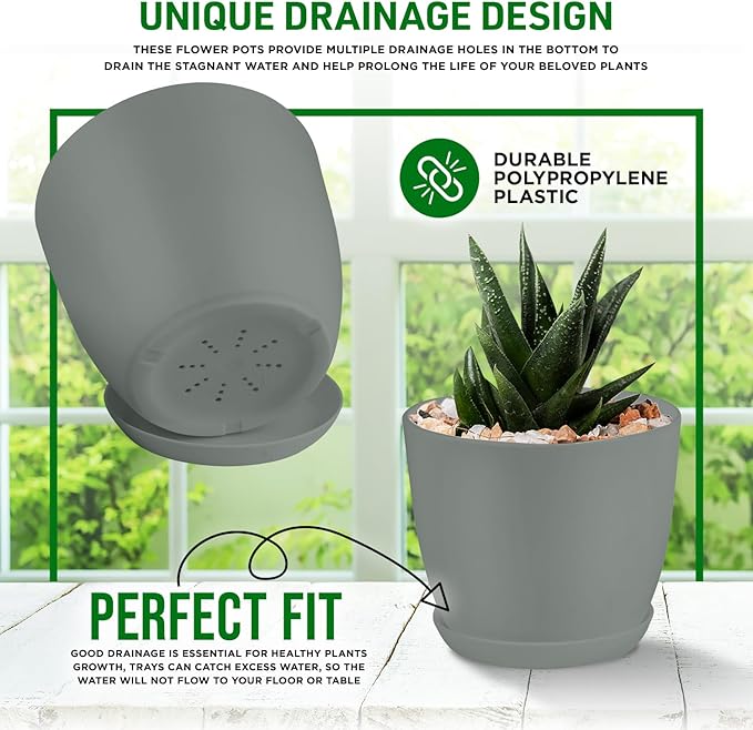 Planter Pots with Drainage Holes - Lightweight, Durable & Space-Saving Pots for Indoor and Outdoor - Versatile Functionality, Simple Modern Design, Set of 20 Plastic Planter Pots - Gray