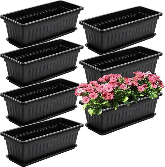 Fasmov 7 Pack 17 Inches Flower Window Box Plastic Vegetable Planters with Trays Vegetables Growing Container Garden Flower Plant Pot with 7 Pcs Plant Labels for Balcony, Patio, Garden, Black