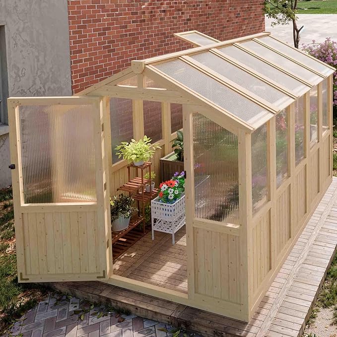 6 * 8 FT Wood Greenhouses for Outdoors Heavy Duty, Outdoor Greenhouse Kit with Adjustable Roof Vent and Reinforced Panels, Walk in Polycarbonate Greenhouse for Outside Garden & Backyard, Light Honey