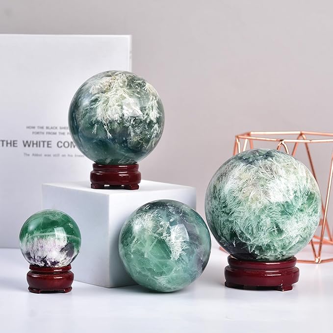 JIC Gem 2.7-3.1 inch(70-80mm) Large Crystal Ball Feather Fluorite Healing Crystals Sphere with Wooden Stand Meditation Home Decor