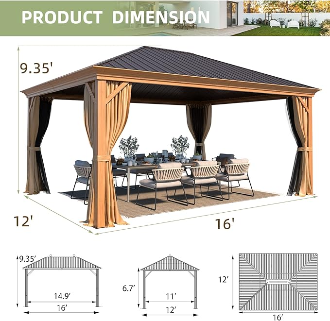 YOLENY 12' x 16' Hardtop Gazebo, Wood Looking Gazebo with Aluminum Frame and Single Galvanized Steel Roof, Outdoor Permanent Metal Pavilion with Curtains and Nettings for Deck, Backyard and Patio