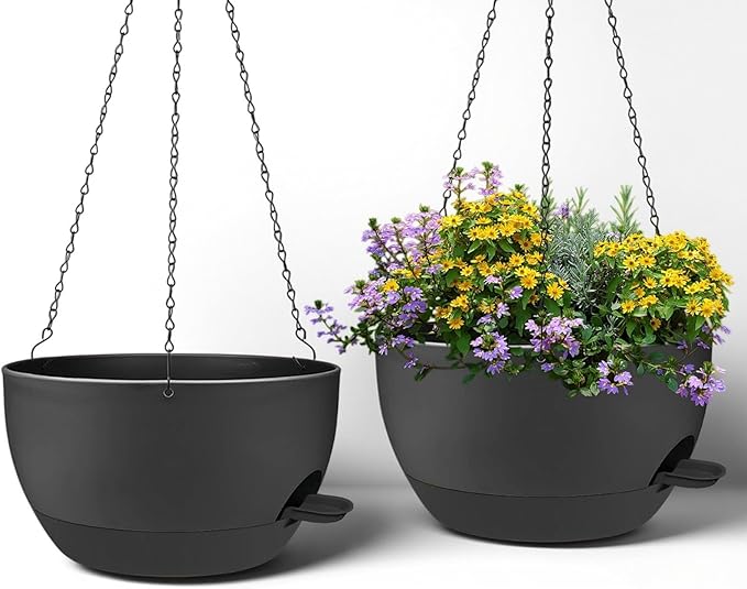 2 Pack 12 Inch Large Hanging Planters with Chains Self Watering Black Plastic Hanging Pots for Indoor Outdoor Plants, Garden Porch Home Decor,Black