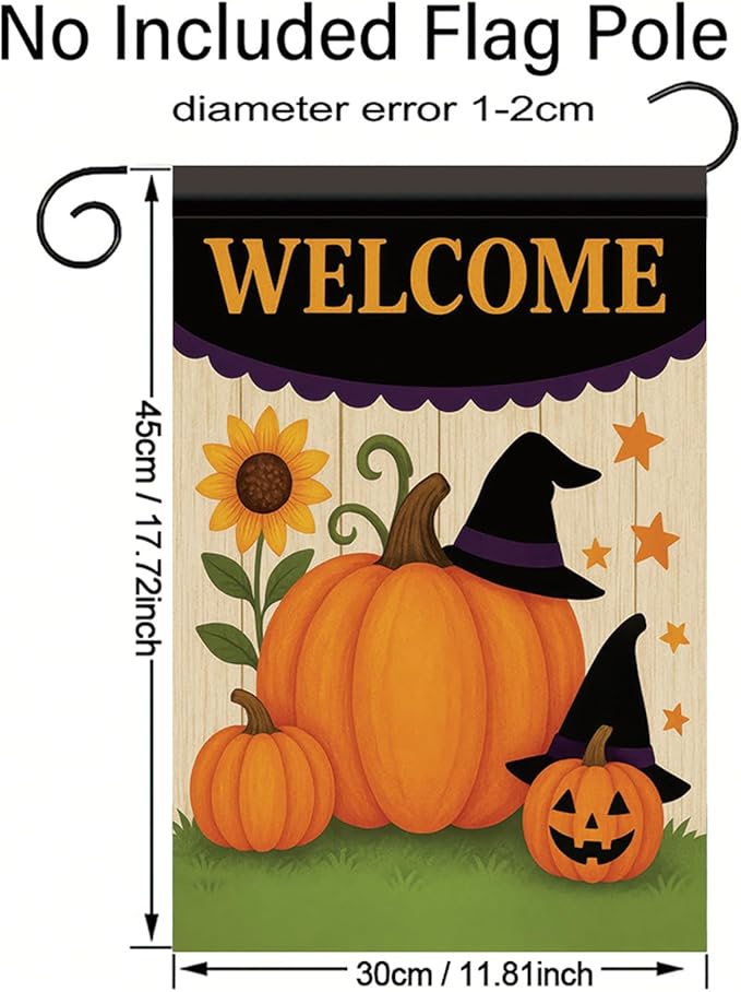 Halloween Fall Garden Flag Pumpkin Witch Hat Flag 12x18 Inch Double-Sided Welcome Yard Banner Autumn Outdoor Decor for Porch Lawn Pathway Jack O Lantern Sunflower Holiday Sign