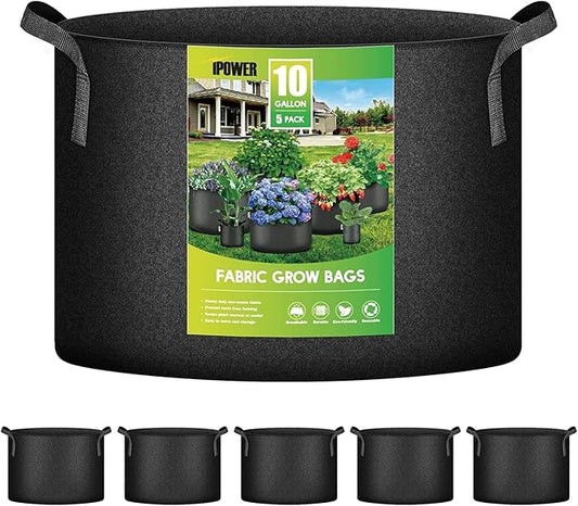 iPower 5-Pack 10 Gallon Plant Grow Bags Thickened Nonwoven Aeration Fabric Pots Heavy Duty Durable Container, Strap Handles for Garden, Black