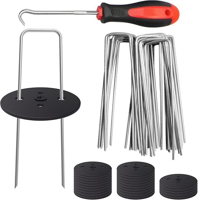 MySit 25 Pack Artificial Turf Stakes Staples with 25 Landscape Staples Gasket Caps, 6 Inch Weed Barrier Stakes for Moisture Barriers, Garden Stakes Pick Hook, Garden Ground Staples for Weed