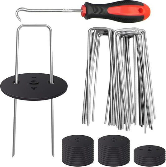 MySit 25 Pack Artificial Turf Stakes Staples with 25 Landscape Staples Gasket Caps, 6 Inch Weed Barrier Stakes for Moisture Barriers, Garden Stakes Pick Hook, Garden Ground Staples for Weed