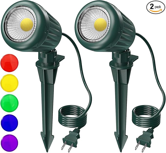 Outdoor Spot Lights for Yard Plug in Spotlights with 5 Extra Lenses (Red, Yellow, Green, Blue, Purple) 6000K White,Suitable for Holiday Daily Yard,Halloween,Garden, Lawn Tree Decoration,2 Pack
