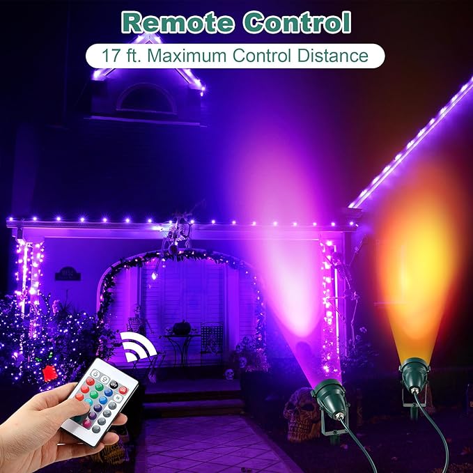 Enhon 2 Pack Halloween RGBW Spotlight Outdoor, Waterproof Landscape Lighting 120V LED Spot Lights with Remote Control Color Changing, Outdoor Stake Lights for Holiday Garden Yard (Patent Pending)