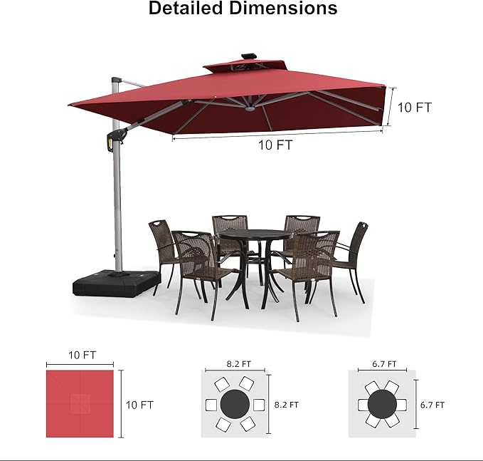 PURPLE LEAF 10 Feet Solar Powered LED Square Cantilever Umbrella With Base Patio Umbrellas Windproof Hanging Outdoor Umbrellas Offset Umbrella, Terra