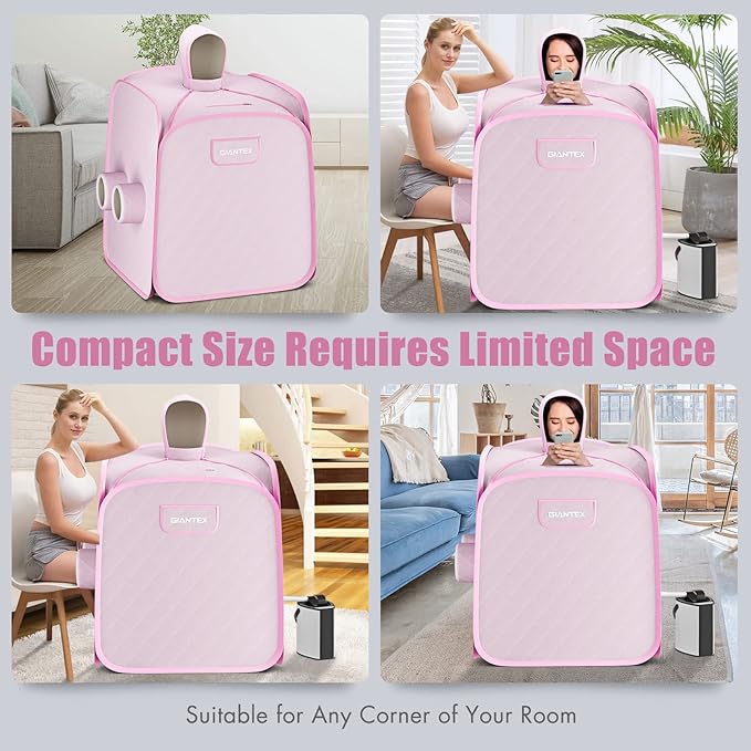 Giantex Portable Folding Sauna, 1 or 2 Person Steam Spa with Remote Control, Folding Chair, Foot Massage Roller, Absorbent Mat, 9 Temperature Levels, 3L Steamer, 800W Home Full Body Spa Tent (Pink)
