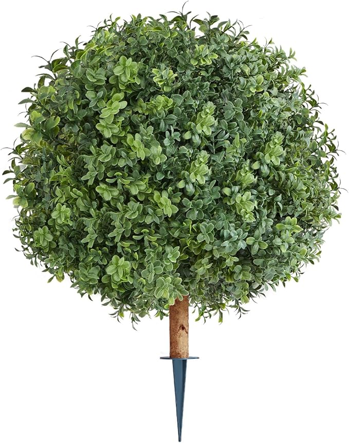 VEVOR Artificial Topiary Boxwood Trees with Ground Spike, 22 inch 2 Set Faux Shrubs & Bushes Potted Plants, Fake Silk Tree Look Real for Decor Front Porch Outdoor Indoor Patio Garden Balcony Backyard