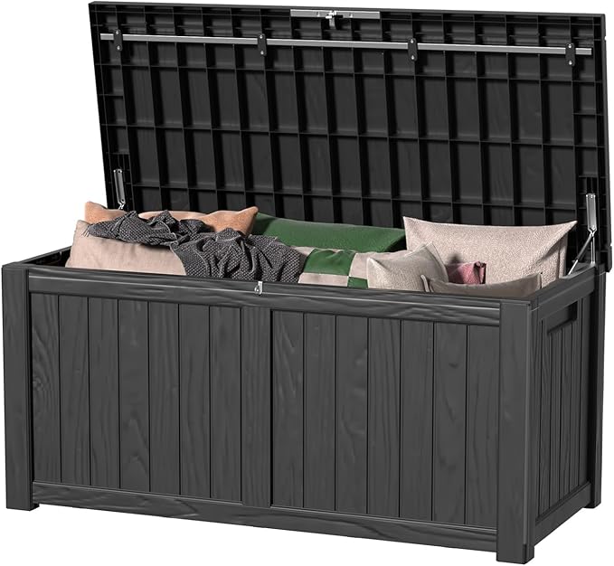 120 Gallon Resin Deck Box Outdoor with Hydraulic Rods, Waterproof Storage Box with Handles and Lockable for Store Garden Tools Backyard, Multi-Functional Seat & Table, Black