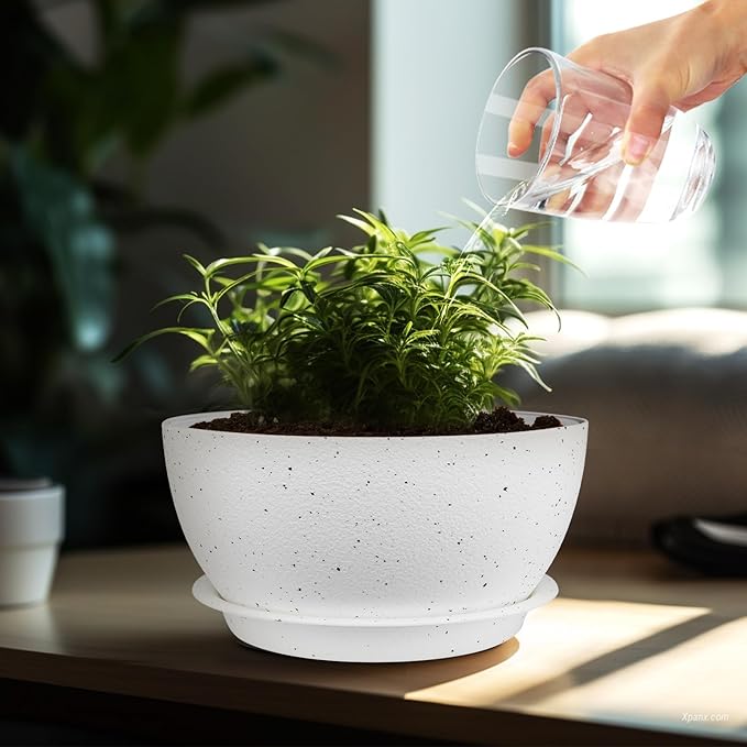 12 inch Plant Pots Pack of 2, Plastic Planter with Drainage Holes and Saucers, Plant pots for Indoor Outdoor Use, Flower Pots for All House Plants (Speckled White)
