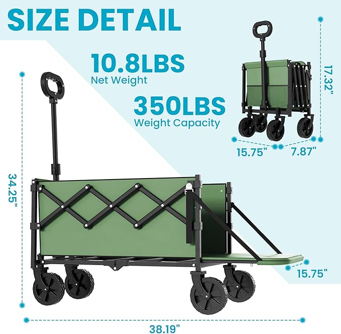 Collapsible Wagon with Tailgate, Ultra-Compact & Portable Folding Wagon with 350lbs Capacity, Lightweight Portable Utility Wagon Cart for Shopping Camping Sports Garden(Green)