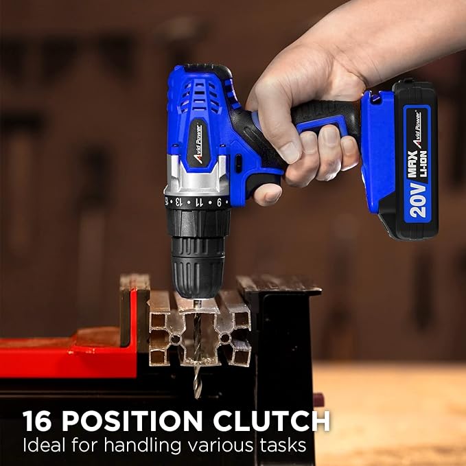 AVID POWER 20V MAX Lithium lon Cordless Drill Set, Power Drill Kit with Battery and Charger, 3/8-Inch Keyless Chuck, Variable Speed, 16 Position and 22pcs Bits (Blue)