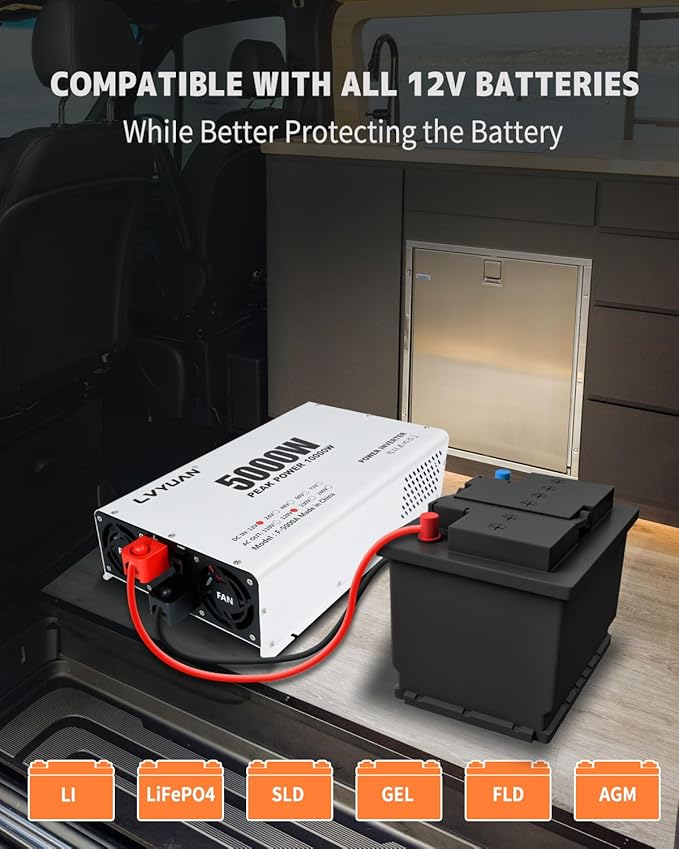 LVYUAN 5000 Watt Power Inverter 12V to 110V 120V DC to AC Converter with 4 AC Outlets, LCD Display, USB Charge Port, Remote Control for Home RV Vehicle Outdoor Camping Car Power Inverter
