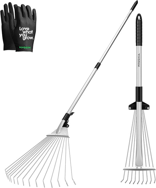 VIVOSUN 2-Pack Leaf Rake Set, Adjustable Garden Camping Rake Includes 15-Tine 64'' Rake and 9-Tine 30'' Rake, Metal Rake with Collapsing Tines and Telescopic Handle for Garden Lawn Yard Cleaning
