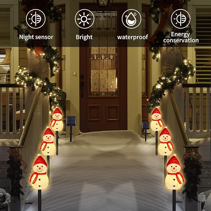3PCS Snowman Shape Solar Christmas Lights Decorations, Solar Landscape Pathway Stakes Lights, Outdoor Christmas Lights Decor for Garden, Yard, Porch (Red Hat-Warm White)