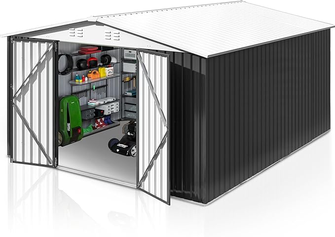10x12 FT Outdoor Storage Shed, Garden Shed with Updated Frame Structure and Lockable Doors, Metal Tool Sheds for Backyard Garden Patio Lawn, White