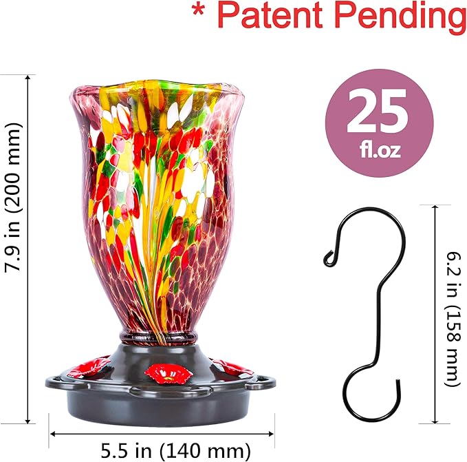 LUJII Bloom Shaped Hummingbird Feeders for Outdoors, Hand Blown Glass Humming Bird Feeder for Outside Hanging, Leak Proof & Metal Base Top, 25 fl.oz Capacity, Gifts for Bird Lovers, Purple