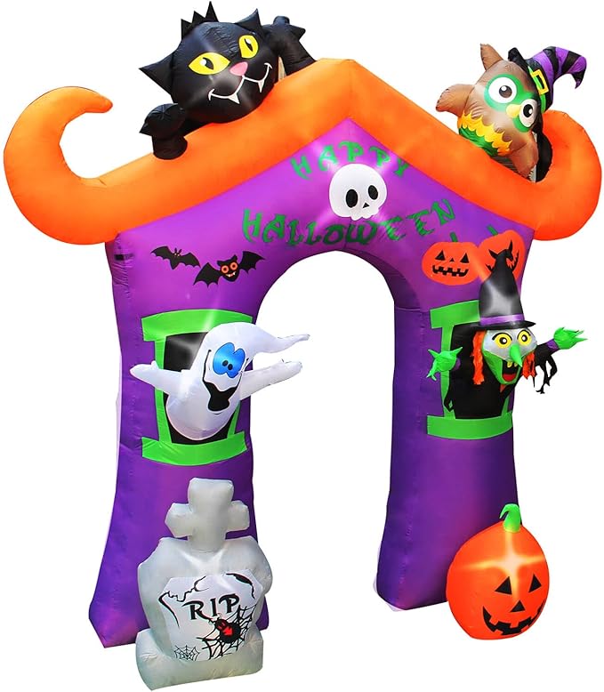 Haunted Hill Farm 10.5-ft. Haunted House Arch Blow Up with Lights, Modern Inflatable Decorations for Halloween, Giant Spooky Outdoor Decorations for Patio and Yard