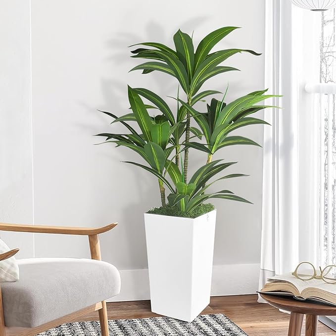 Artificial Dracaena Tree 5FT with White Tall Planter,Fake Green Plant with Natural Wood Trunk & Lifelike Leaves, Aritificial Yucca Plant for Home Office Decor,Housewarming