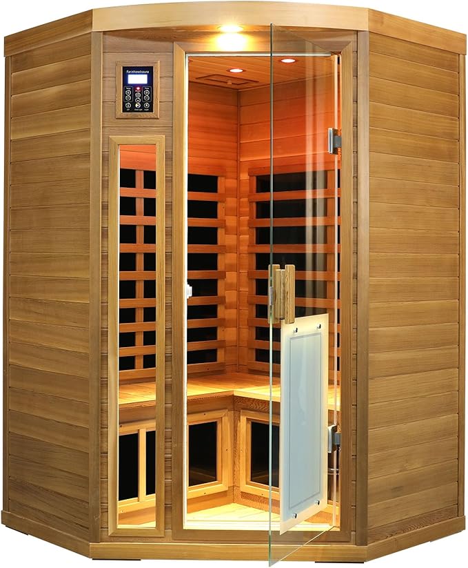 2-3 Person Corner Far Infrared Sauna for Home, 1760W Ultra-Low EMF(0-1mG) Indoor Red Cedar Wood Sauna Room with 8 Heating Panels, Dual Control Panel, Bluetooth Speaker & Chromotherapy Lights