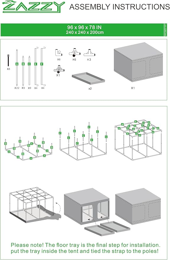 zazzy Large Grow Tent 96"x96"x78", High Reflective Mylar Grow Room with Observation Window, Removable Floor Tray and Tool Bag for Planting Indoor Fruit Flower Veg 8x8