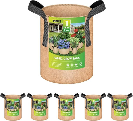 iPower 5-Pack 1 Gallon Plant Grow Bags Thickened Nonwoven Aeration Fabric Pots Heavy Duty Durable Container, Strap Handles for Garden, Tan