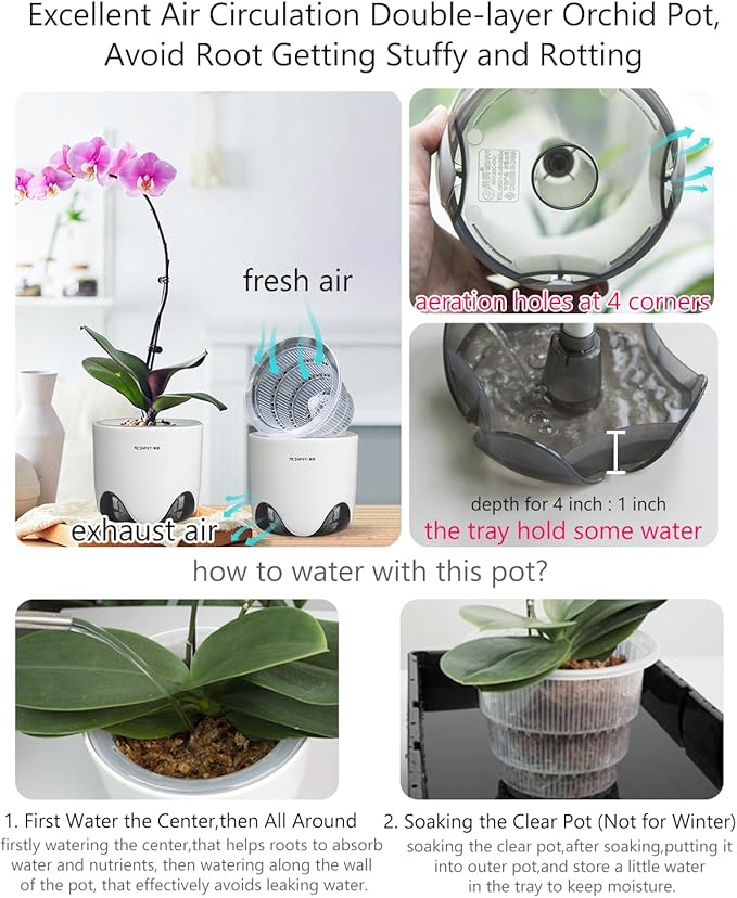 4 inch Orchid Pots with Holes for Repotting,Set of 1,Double Layer Plastic Imitate Ceramic Orchid Planter Provide Good Air Circulation,Clear Orchid Pot Match Decorative Orchid Container