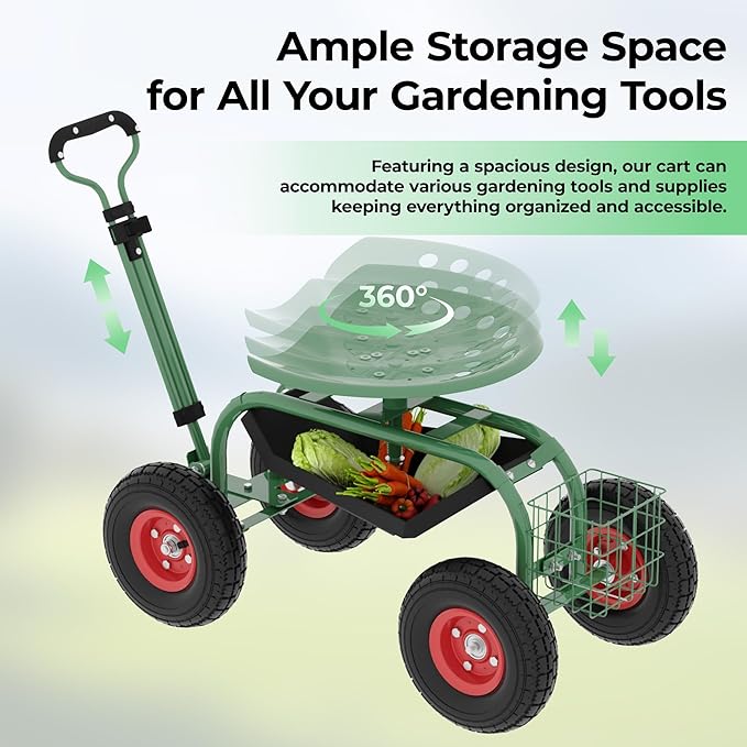 Garden Rolling Stool with Wheels – Outdoor Garden Chair for Patio and Lawn - 360° Swivel Seat Gardening Cart with Tool Tray & Steering Handle for Easy Planting and Yard Work