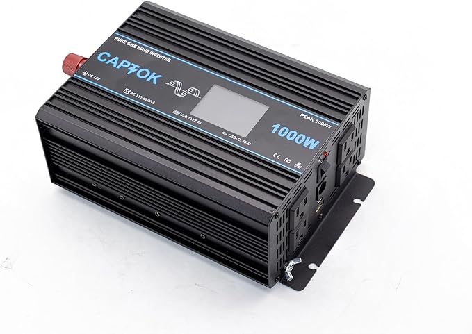 1000W Pure Sine Wave Inverter DC 12V AC 120V Double LCD Screen Remote Control Power Inverter 30W USB-C 4AC Outlets for RV, Home, Solar System CAPTOK