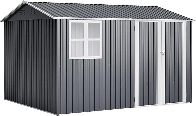 8x10 FT Shed Outdoor Storage Metal Large Garden Tool Sheds with Lockable Doors Floor Frame Window Gable Roof Waterproof Steel Utility Equipment Sheds for Backyard Patio Lawn Poolside, Grey