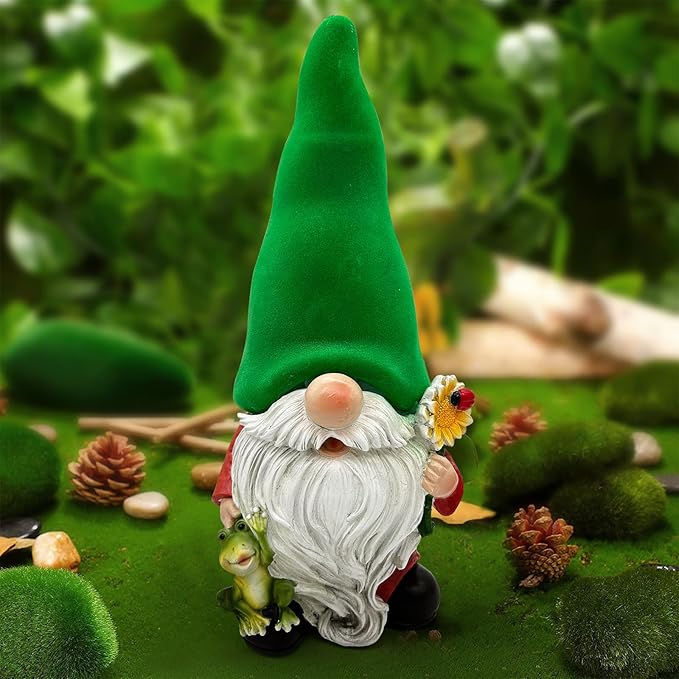 Gnome with Frog and Flower, Solar Garden Lights, Decor for Yard, Patio, Lawn - Novel Gift for Women, Mom, Friends(Green Hat Gnomes)