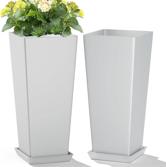 Set of 2 Large Tall Planter for Indoor or Outdoor 24" Tall Flower Pots Tapered Tall Planters with Tray for Porch, Patio, Backyard, Large Planters for Outdoor Indoor Plants(White)