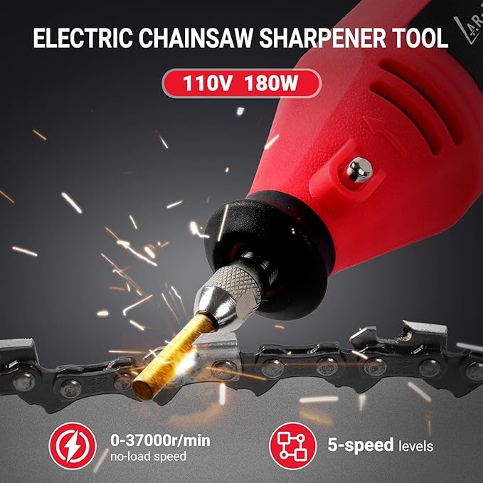 Electric Chainsaw Sharpening Kit 110V/180W, High-Speed Chainsaw Sharpening Tool, Includes 5-Speed Chainsaw Chain Sharpener with 3 Sizes Diamond Sharpening Wheels and Angle Adjustment Guide