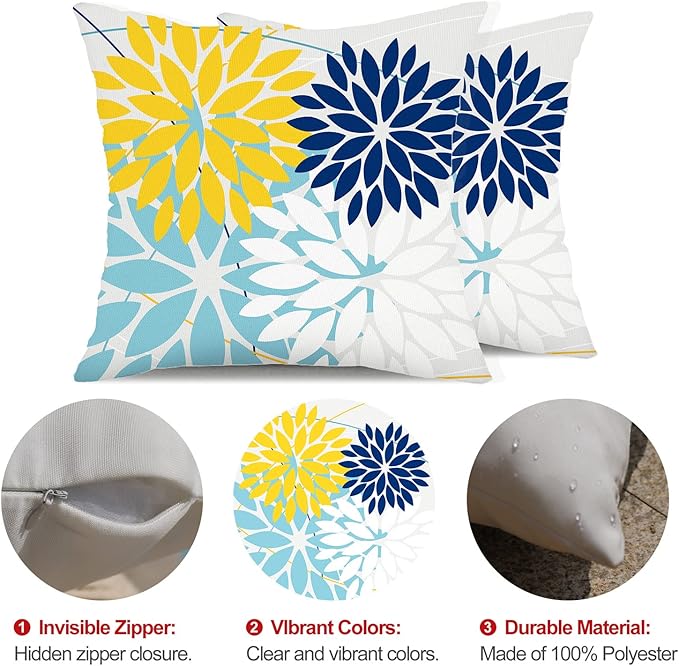 DFXSZ Outdoor Throw Pillow Covers 18x18 Inch Set of 2 Waterproof Spring Summer Geometric Elegant Yellow Blue Outdoor Pillow Covers for Patio Funiture Garden Couch 158W18