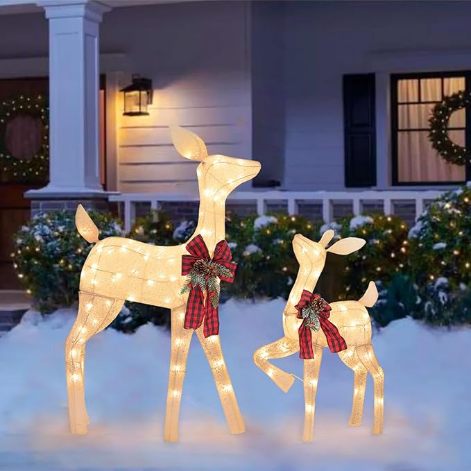 2 Pcs Reindeer Christmas Decoration, Xmas Lighted White Shimmering Doe and Fawn Display Set with 105 Warm White Lights for Yard Lawn Indoor Outdoor