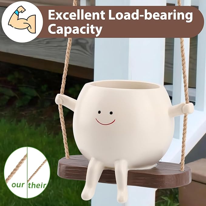 Small Swing Smiley Face Hanging Planter Pot for Indoor Outdoor Plants, Cute Swinging Plant Pot, Hanging Flower Pots, Face Planter Pot Head, Resin Succulent Planter, Valentines Day Gifts for Her