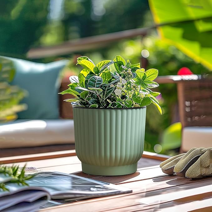 T4U 4.5 Inch Self Watering Pots for Indoor Plants, 6 Pack Green Plastic Flower Pots for All House Plants, Flowers, African Violets