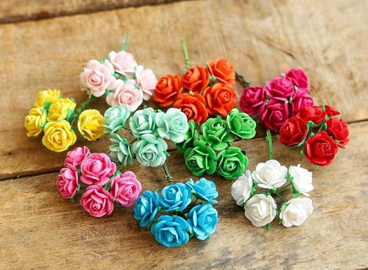 Handmade 50 pcs Mini Mulberry Paper Roses 18 mm Mulberry Paper Flowers Scrapbooking Wedding DIY Craft (Mixed Colors)