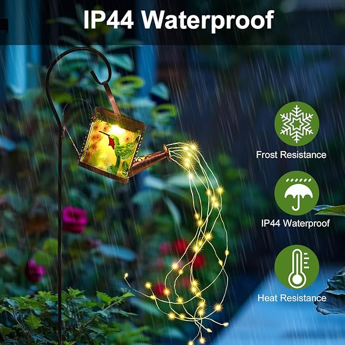 Larekook Solar Outdoor Watering Can Lights Decorative Path Lights, Metal Glass Solar Garden Light Outdoor Waterfall Decor Ornament for Yard Lighting Outside Hummingbird