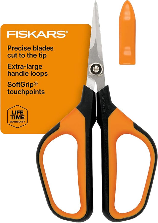 Fiskars Comfort Loop Micro-Tip Pruning Snips - 7" Garden Shears with Sheath and Extra Large SoftGrip Handle - Yard and Garden Tools - Orange/Black