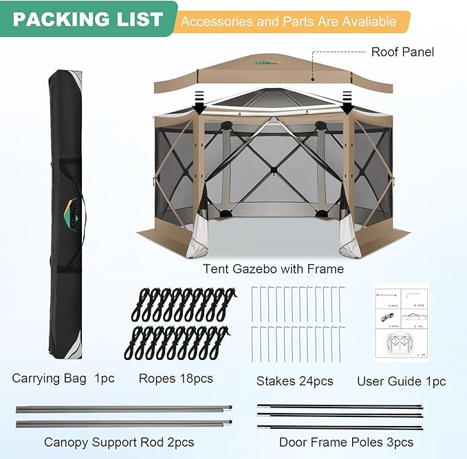 COBIZI 12x12 Pop up Gazebo Screen House Tent for Camping, Outdoor Canopy with Removable Roof&Mosquito Netting, Portable Hub with Carrying Bag and Ground Stakes, Khaki