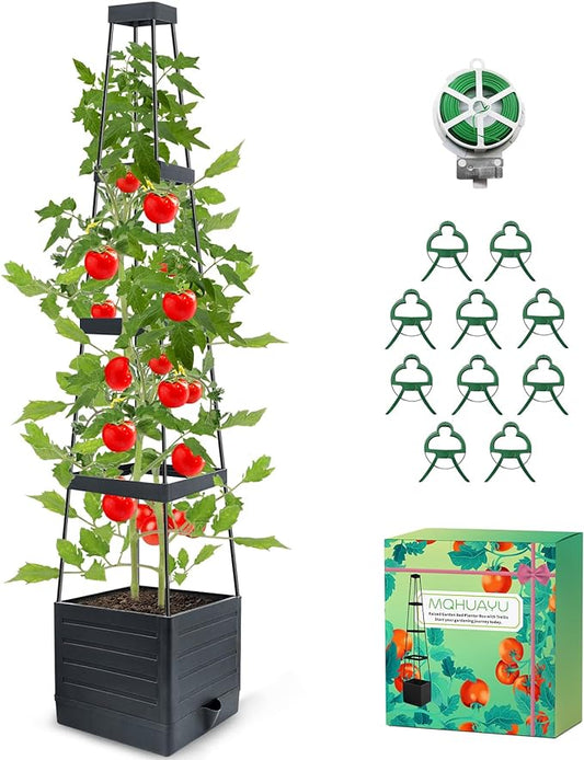 1Pack Raised Garden Bed Planter Box with Trellis, 57" Self-Watering Tomato Cage Planters for Climbing Plants Vegetable Vine Flowers Outdoor & Indoor (57x9.8x9.8IN)