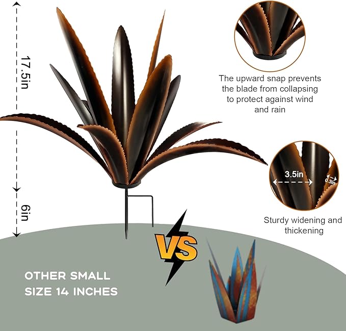 TOMBABY Enlarge Thickened Wind Resistant Metal Agave Garden Art Country Garden Sculpture Statue Outdoor Decoration Agave Metal Plant Courtyard Lawn Ornament Gift (1, 12 Leaves Black)