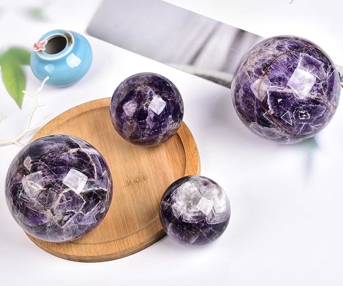 JIC Gem Large Crystal Ball Chevron Amethyst Healing Crystals Sphere with Wooden Stand Meditation Home Decor 3.5-4 inch (90-100mm)