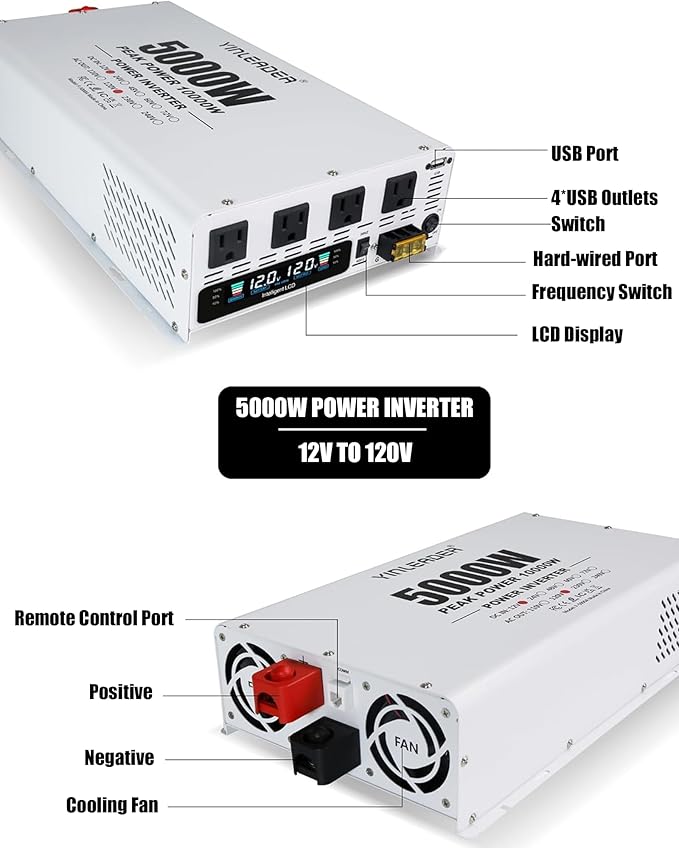 5000W Power Inverter 12V to 110V/120V, Solar Inverter Remote for RV Camping Off-Grid Solar Inverter Systems
